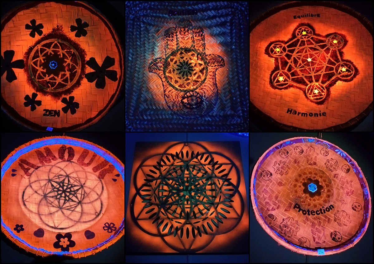 Symboles énergétiques, série d'empreintes, lumières fluorescentes, pièce unique et originale.